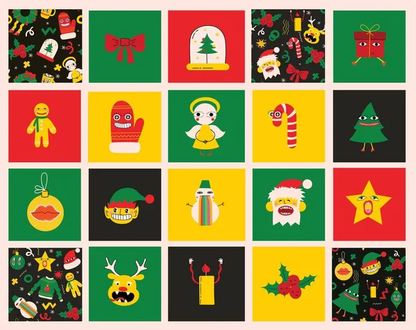 Navidad Feliz Año Nuevo Estilo Trendy Fondos Simples Conjunto Ilustraciones — Archivo Imágenes Vectoriales