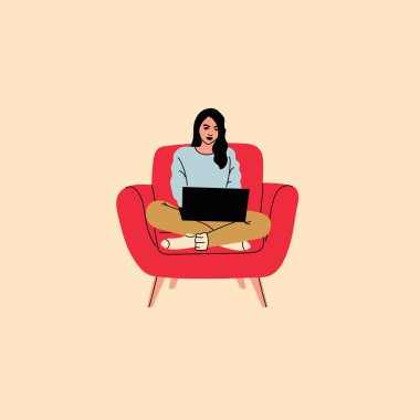 Evdeki koltukta oturan kız. Dizüstü bilgisayarı sandalyede olan kadın. Serbest çalışmak ya da konsept çalışmak. Kadın karakter, çevrimiçi sohbet, dizüstü bilgisayar kullanarak, dinlenerek veya dinlenerek