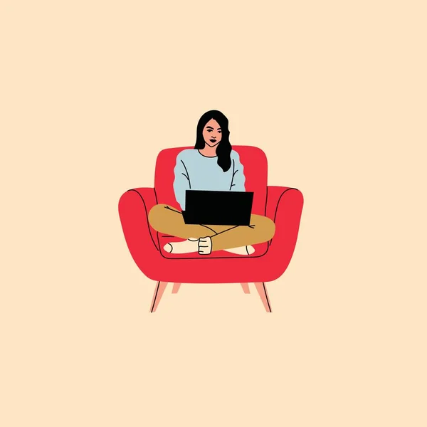 女孩坐在家里的扶手椅上 椅子上有笔记本电脑的女人自由职业或学习概念 女性角色 使用笔记本电脑在网上聊天 休息或冷却 — 图库矢量图片