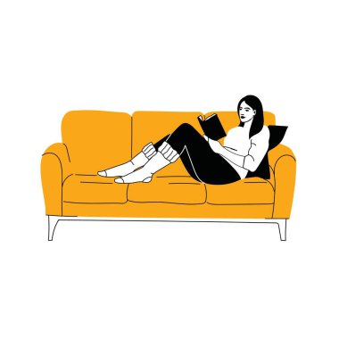 Kitap vektörü geçmişi okuyan genç bir kadın. Rahat kız kanepede oturup kitap okuyor, beyaz arka planda izole halde. Konforlu modern ev iç tasarımı.