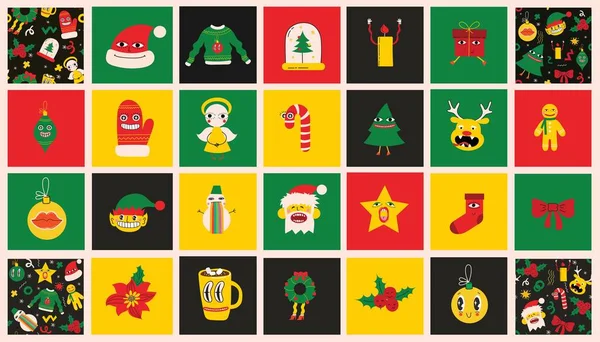Gran Colección Tarjetas Icono Navidad Con Símbolos Tradicionales Navidad Elementos — Archivo Imágenes Vectoriales