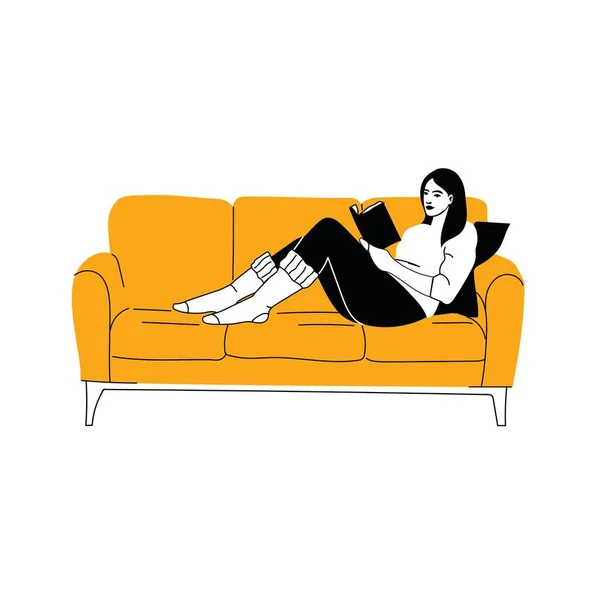 年轻女子阅读书籍矢量背景 松懈的女孩舒服地坐在沙发上看书 在白色的背景下孤立无援 舒适的现代家居室内装饰 — 图库矢量图片