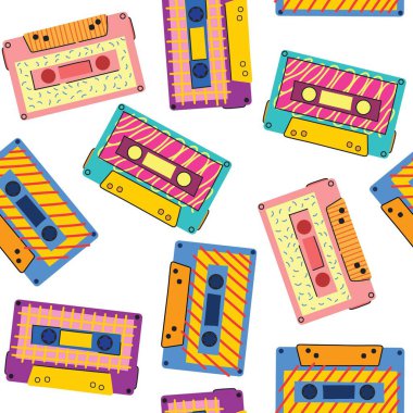 Retro kaset kalıbı. Kusursuz Memphis 90 'ların parti şablonu, müzik kaseti, analog 80' lerin stereo ses kaset vektör arkaplanı. Kaset kusursuz melodi analog kaset illüstrasyonu