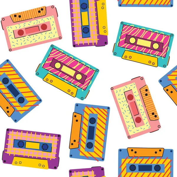 카세트 Seamless Vintage Memphis 90S Party Pattern Music Audio Cassette — 스톡 벡터