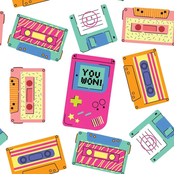 Dispositivos Juego Retro Patrón Sin Costuras 90S Dibujos Animados Doodle — Vector de stock