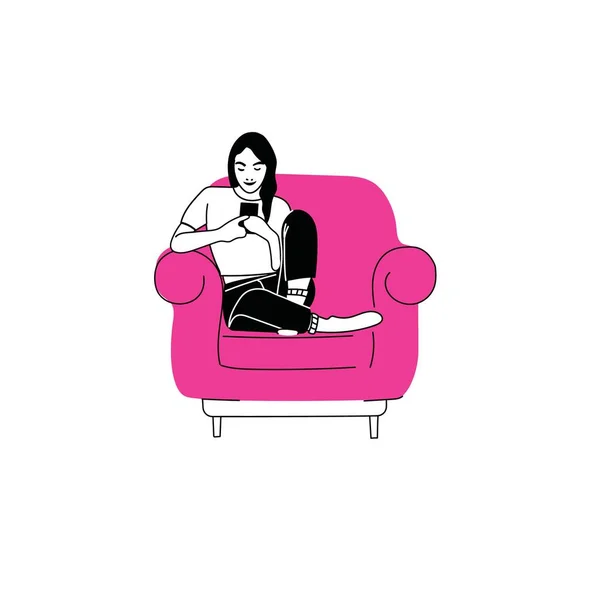 女孩坐在家里的沙发上 沙发上有笔记本电脑的女人自由职业或学习概念 女性角色 使用笔记本电脑在网上聊天 休息或冷却 — 图库矢量图片