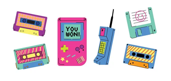 Gadget 90的向量图标集 流行于90年代的小游戏主机 盒式磁带 盒式磁带等 平面设计中的老嬉皮士科技小玩艺儿和电子产品 — 图库矢量图片