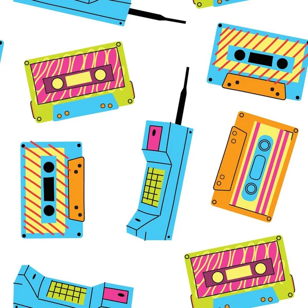 レトロゲームデバイスシームレスパターン 90漫画のドアスタイルのヴィンテージビデオガジェット オーディオカセット無限の背景ベクトルイラストレーター — ストックベクタ