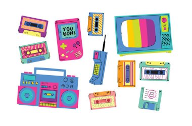 Gadgets 90 'ların vektör simgesi ayarlandı. 90 'ların cihazları oyun konsolunda popüler, ses kaseti, disket, cep telefonu, vhs kaset, televizyon vb. Eski hippi teknoloji aletleri ve elektronik aletler düz tasarımda.
