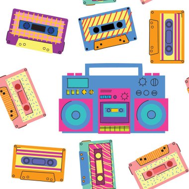 Kasetçalar 90 'ların tarzında. Kasetçalar. Retro kaset kaydedici. Müzik çalar. 1990 'ların moda illüstrasyonu. 90 'ların nostaljisi..
