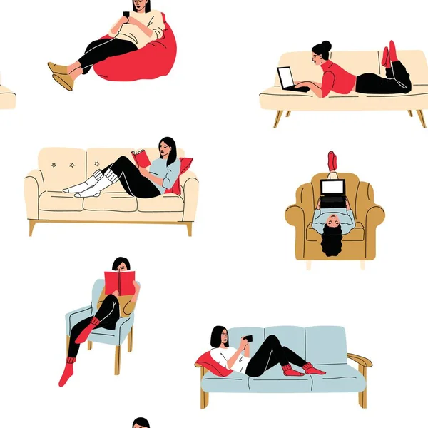 沙发矢量卡通画上的人无缝图案背景图 用于墙纸 包装和背景 — 图库矢量图片