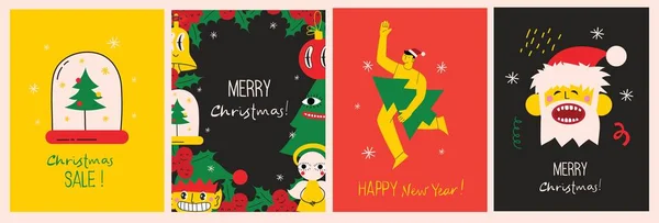 Wesołych Świąt Szczęśliwego Nowego Roku Zestaw Kartek Okolicznościowych Plakatów Okładek — Wektor stockowy