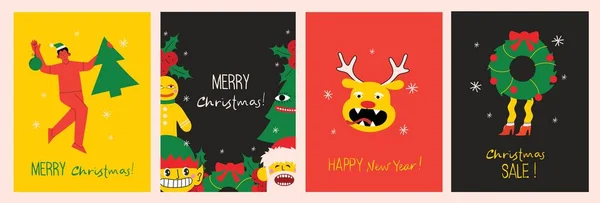 Frohe Weihnachten Und Ein Glückliches Neues Jahr Set Von Grußkarten — Stockvektor