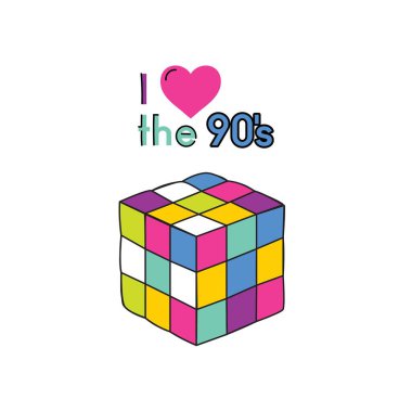 80 'ler ve 90' ların pop sanat stili çıkartmaları. Disko ekipmanları ve renkli antika nesneler. Rubiks Küpü düz izole vektör çizimi.