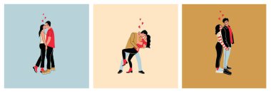 Sevgililer Günü, şefkat ve romantik duygular konsepti. Genç, sevgi dolu, gülümseyen bir çift. Kız ve erkek birbirlerine sarılıyorlar.