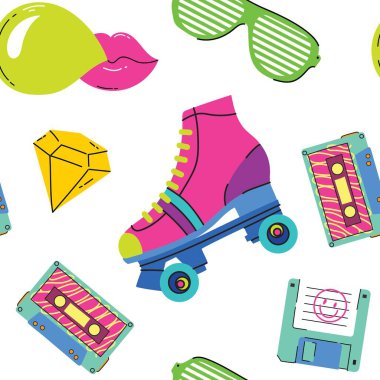 Seksenler ve doksanlar tarzında soyut, pürüzsüz bir arkaplan ve element. Retro stili 80 'lerin disko tasarımı. 80 'ler partisi, moda, arka plan, grafik, hafif disko partisi illüstrasyonu