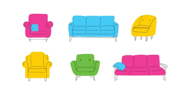 成套的手工画图家具沙发座位 不同颜色的现代舒适扶手椅 家庭公寓或办公室的室内装饰 简约简约简约 — 图库矢量图片