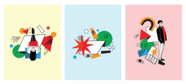 Outline characters, people in different poses and various geometric shapes and colorful abstract figures. Different mood, positions. Hand drawn vector illustration set