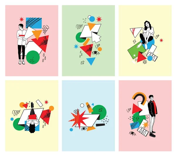 Outline Characters People Different Poses Various Geometric Shapes Colorful Abstract — Vector de stock