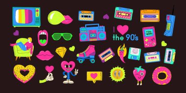 Hand drawn Vector illustrations of Set of Various retro patches, pins, stamps or stickers with abstract funny cute comic characters set.