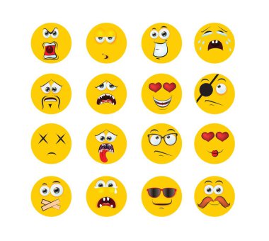 Round abstract comic Faces with various Emotions. Cartoon drawing style. Different colorful characters, Flat design. Hand drawn trendy Vector illustration set