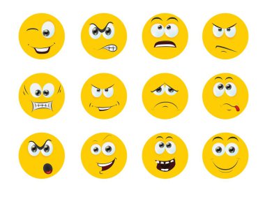 Round abstract comic Faces with various Emotions. Cartoon drawing style. Different colorful characters, Flat design. Hand drawn trendy Vector illustration set