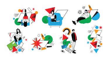Outline characters, people in different poses and various geometric shapes and colorful abstract figures. Different mood, positions. Hand drawn vector illustration set