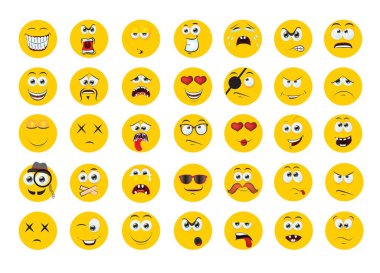 Round abstract comic Faces with various Emotions. Cartoon drawing style. Different colorful characters, Flat design. Hand drawn trendy Vector illustration set