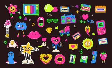 Hand drawn Vector illustrations of Set of Various retro patches, pins, stamps or stickers with abstract funny cute comic characters set.