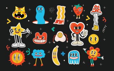 Fashion patch badges with lips, hearts, speech bubbles and other elements. Vector illustration set of stickers, pins, patches in cartoon 80s-90s comic style.
