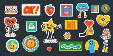 Fashion patch badges with lips, hearts, speech bubbles and other elements. Vector illustration set of stickers, pins, patches in cartoon 80s-90s comic style.