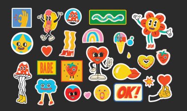 Fashion patch badges with lips, hearts, speech bubbles and other elements. Vector illustration set of stickers, pins, patches in cartoon 80s-90s comic style.