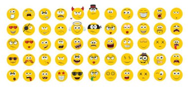 Round abstract comic Faces with various Emotions. Cartoon drawing style. Different colorful characters, Flat design. Hand drawn trendy Vector illustration set