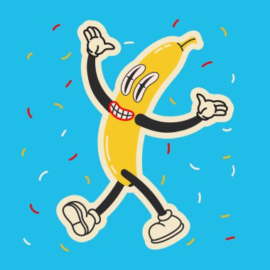 70s groovy square poster, sticker. Retro print with hippie cute walking banana. Funky character concepts of crazy stars, dripping emoticon. Only good vibes sentence concept