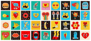70s groovy square posters, cards or stickers. Retro print with hippie cute colorful geometric shapes, funky character concepts of crazy geometric, dripping emoticon. Only good vibes sentence concept