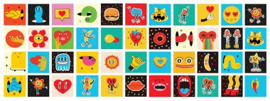 70s groovy square posters, cards or stickers. Retro print with hippie cute colorful geometric shapes, funky character concepts of crazy geometric, dripping emoticon. Only good vibes sentence concept