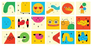 Farklı yüz duyguları olan sevimli geometrik figürler, çocuklar için komik poster fikri. Dokuları olan renkli karakterler, moda vektör çizimleri, çocuk eğitimi için temel çeşitli figürler.