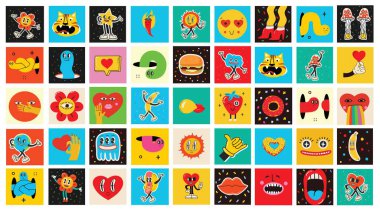 70s groovy square posters, cards or stickers. Retro print with hippie cute colorful geometric shapes, funky character concepts of crazy geometric, dripping emoticon. Only good vibes sentence concept