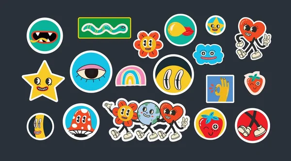 Groovy Illustrations Poster Sticker Retro Print Hippie Cute Crazy Characters — Stock Vector