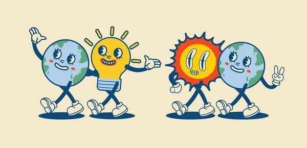 Planet Stickers Trendy Retro Cartoon Style Плакаты Дня Земли Открытки — стоковый вектор