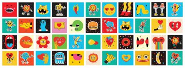 70 'lerin modaya uygun kare posterleri, kartlar ya da çıkartmalar. Hippi renkli, sevimli geometrik şekilli, çılgın geometrik, damlayan ifadelerin garip karakter kavramları olan geçmişe dönük baskı. Sadece iyi titreşimler cümle kavramı