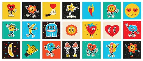 Groovy Square Posters Cards Stickers Retro Print Hippie Cute Colorful — Stock Vector