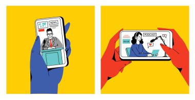 Haber kavramı, online video izleme, podcast, talk show, TV uygulaması, canlı yayın. Ekranda mikrofonu olan bir adamla el ele tutuşmak. Çizgi film tarzında vektör illüstrasyonu