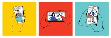 Haber kavramı, online video izleme, podcast, talk show, TV uygulaması, canlı yayın. Ekranda mikrofonu olan bir adamla el ele tutuşmak. Çizgi film tarzında vektör illüstrasyonu