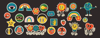 70s groovy illustrations for the posters, cards or stickers with hippie cute colorful funky character concepts of crazy geometric, dripping emoticon. Only good vibes sentence concept
