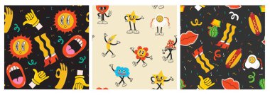 Renkli, komik, gülen yüz etiketsiz desen seti. Eski moda çıkartma karikatür arkaplanlarının koleksiyonu. Tuhaf çizgi roman karakteri duvar kağıdı tasarımı