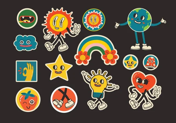 70S Groovy Illustrations Posters Cards Stickers Hippie Cute Colorful Funky - Stok Vektor