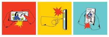 Haber kavramı, online video izleme, podcast, talk show, TV uygulaması, canlı yayın. Ekranda mikrofonu olan bir adamla el ele tutuşmak. Çizgi film tarzında vektör illüstrasyonu