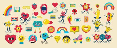 70s groovy illustrations for the posters, cards or stickers with hippie cute colorful funky character concepts of crazy geometric, dripping emoticon. Only good vibes sentence concept
