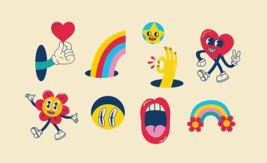 70s groovy illustrations for the posters, cards or stickers with hippie cute colorful funky character concepts of crazy geometric, dripping emoticon. Only good vibes sentence concept